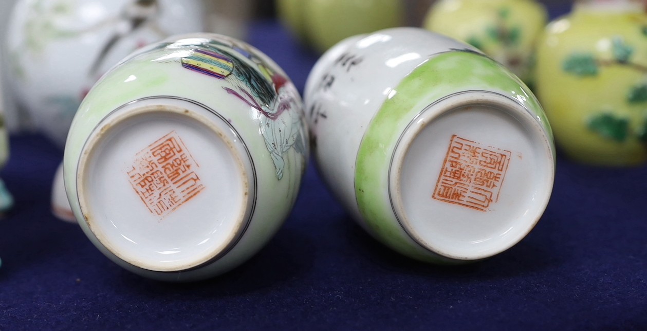 A pair of Chinese yellow glazed vases, pair of square form famille rose vases and baluster vase, a republic period baluster vase and five other items, (11items)